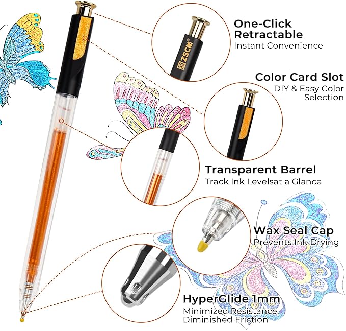 ZSCM Retractable Super Glitter Gel Pens, 24 Colors Large Capacity Metallic Sparkle Gel Ink Pens, 1 mm Fine Point Smooth Writing Color Pen for Adult Coloring Book Note Taking Aesthetic Art Supplies