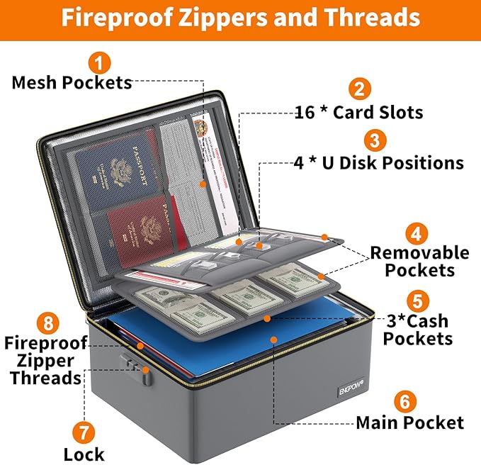 ENGPOW Fireproof Document Box, Hard Case File Box with Fireproof Zipper＆Lock, 6400°F Heat Insulated Fire and Water Resistant File Organizer Storage Safe for Important Documents Laptop Cash, Gray
