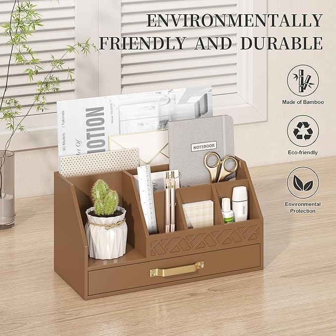 Wisuce Bamboo Mail Organizer Countertop with Drawers, Wooden Desk Organizer File Bill Sorter Storage Box for Desktop Letter Envelope Countertop Holder for Office Home School Organization