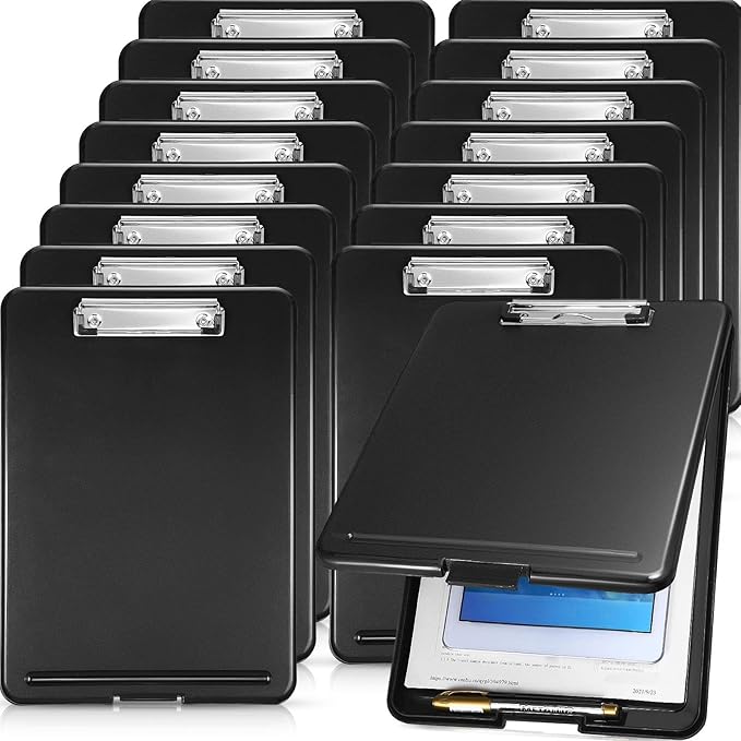Geyee 16 Pcs Clipboard with Storage Plastic Foldable Nursing Clipboard Storage with Pen Holder 9. 5 x 13. 4 Inch Foldable Clip Board with Low Profile Clip for Student Teacher Nurse Office Supplies