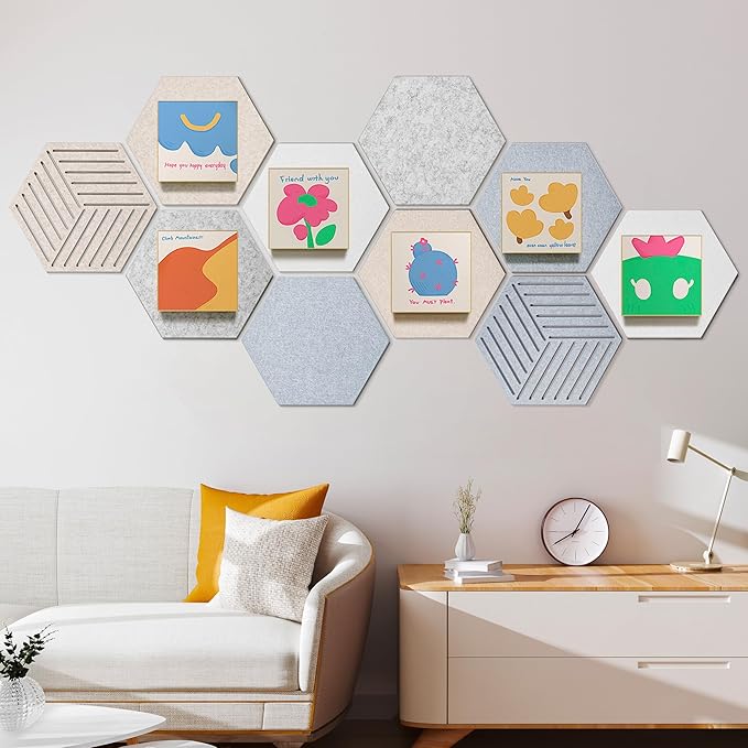 12'' Medium Hexagon Cork-Bulletin Board Tiles Adhesive 10PCS 12x10 inch Frameless Sticky Corkboard Hex Felt Pin Board for Office-Wall Decor, Removable Hexagonal Tack Pinboard with 30 Pushpins