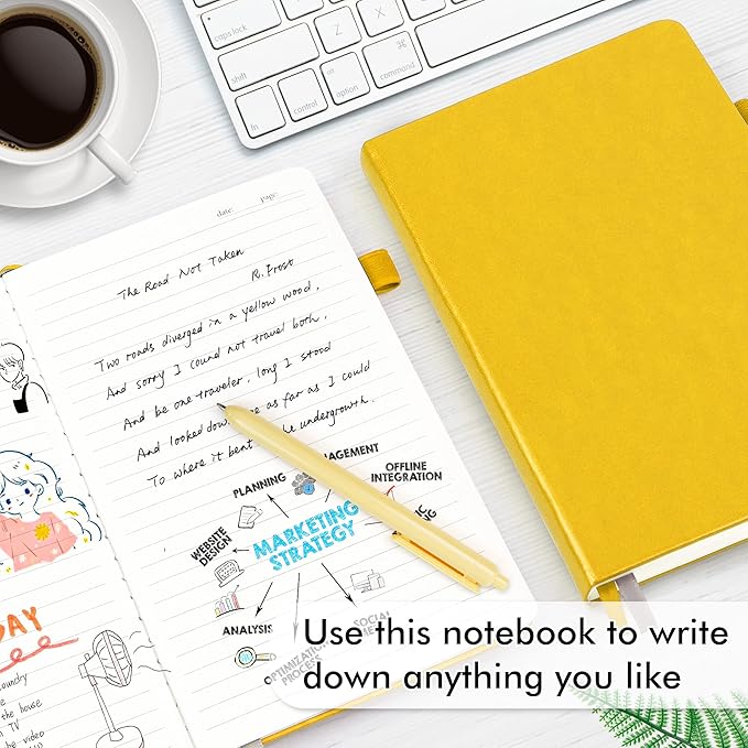5 Pack Journal Notebook Bulk for School, Feela Hardcover Business Notebooks Classic Ruled Lined Journals with Pen Holder for Work Note Taking, with 5 Black Pens, 120 GSM, 5.1”x8.3”, A5, Yellow