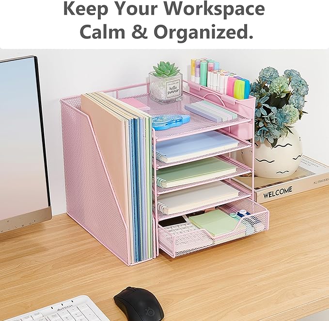 Gugsey Desk Organizer, 5-Tier Paper Letter Tray Organizer with File Holder, Drawer and Pen Holder, Desktop Organizer for Office Supplies, Pink