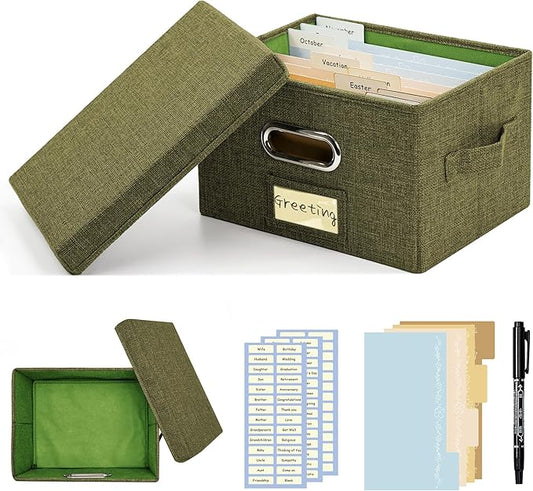 Remowith Greeting Card Organizer and Storage Box with 20 Pcs Adjustable Dividers, Storing Cards with 84 Pcs Labels Perfect for Storing Greeting Cards, Envelopes, Photos 1 Pack Olive Green