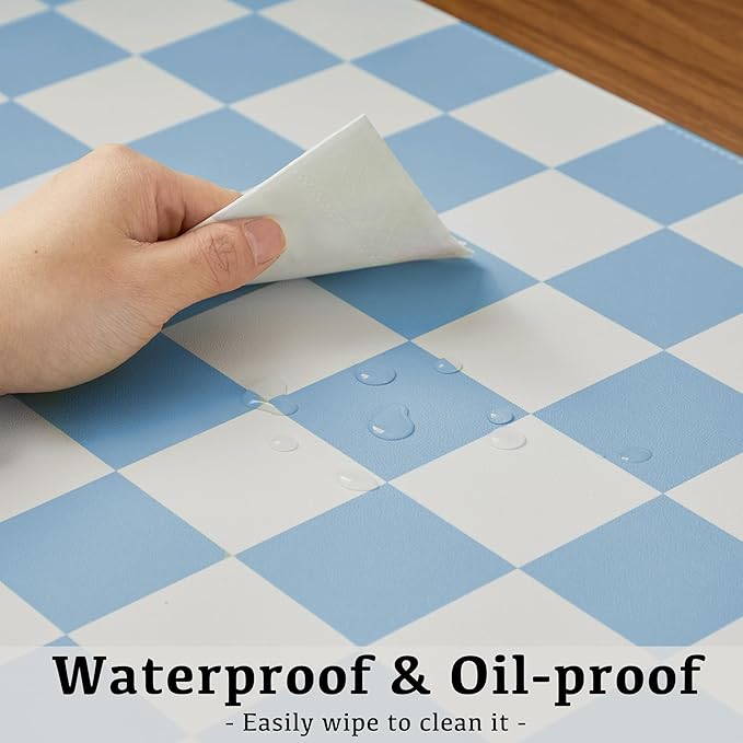 Ohocut Checkered Desk Mat, 31.5" x 15.7" Large Cute Sky Blue Aesthetic Retro Accessories, PU Leather Computer Laptop Desk Mat Mouse Keyboard Pad, Desk Writing Makeup Mat for Vanity/Work/Home Decor