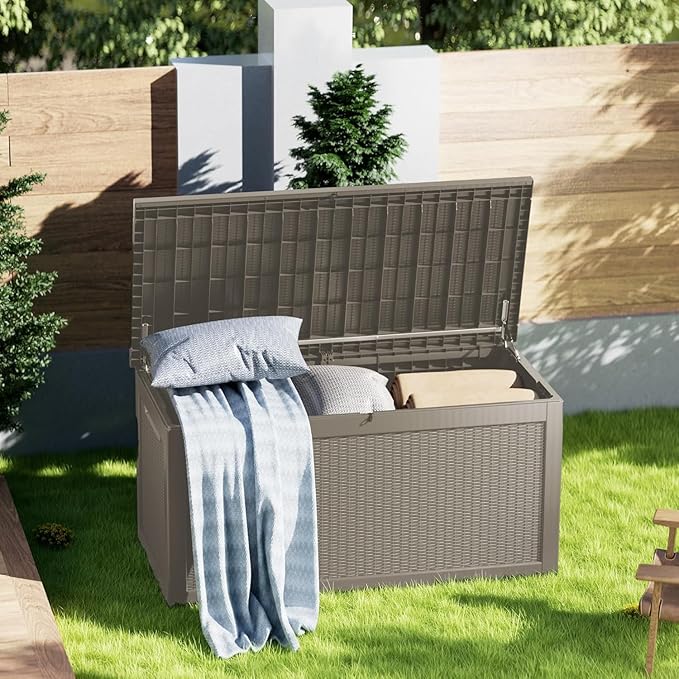 PATIOEASY Outdoor Storage Box 320GAL Waterproof Resin Deck Box,UV-Resistant Lockable Delivery Bin for Garden Tools,Large Patio Outside Cushions,Pool Accessories Supplies,Chest,Furniture,Package,Grey
