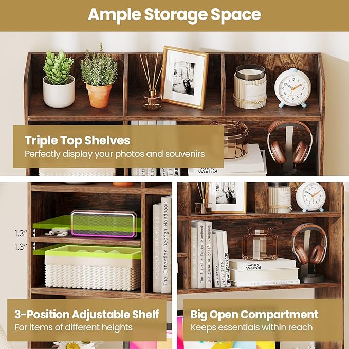 Tangkula Desktop Bookshelf for Computer Up to 32”, 37” Countertop Storage Hutch with 6 Storage Shelves, 3-Tier Desktop Organizer Display Rack, Wooden Desk Hutch for Dorm Home Office (Rustic Brown)