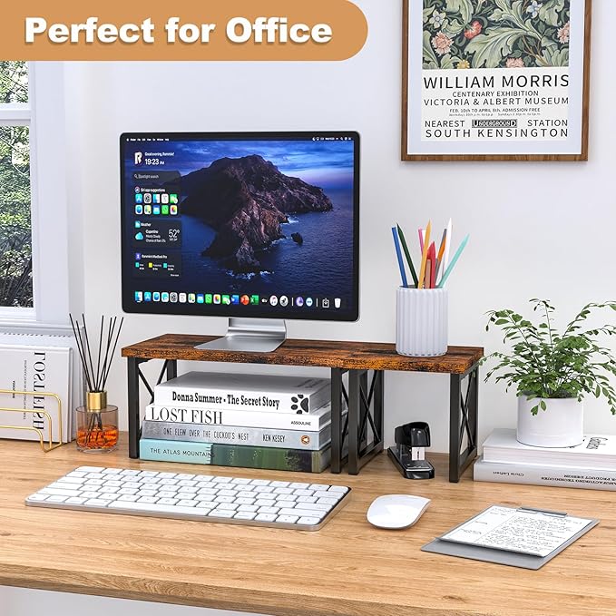HavenlyYouth Desk Shelf, 2 Tier Wood Desktop Bookshelf, Adjustable Freestanding Stackable Desk Organizer, Desktop Shelf Organizer Storage Rack, Desk Display Rack for Office, Home, Rustic