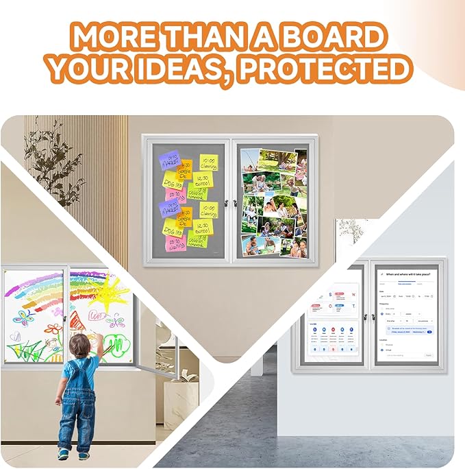 Enclosed Bulletin Board with Locking Door, Outdoor Bulletin Board Weatherproof, Lockable Display Case for Home, Office, and Community Use(31.5" L x 43.3" W Gray)
