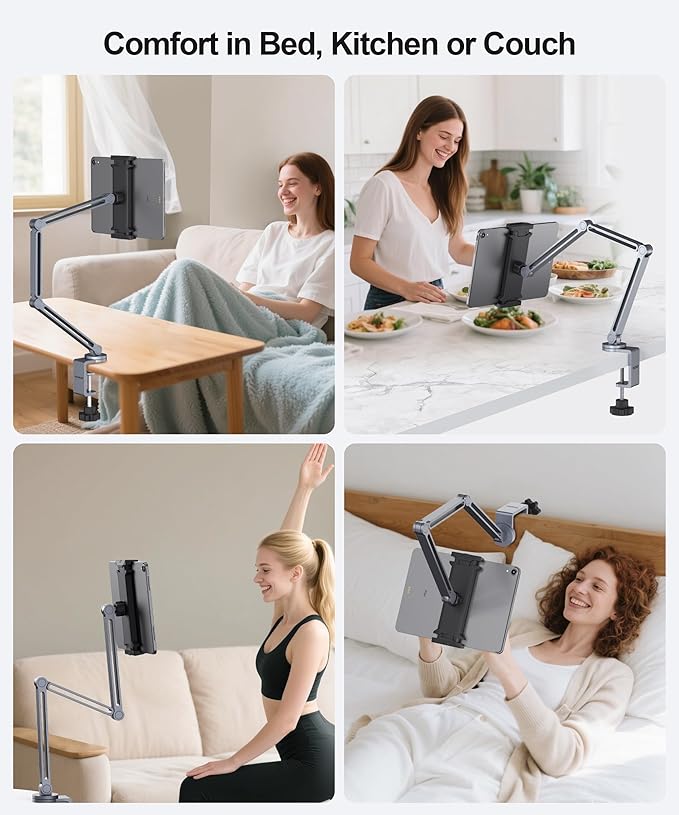 YICOSUN Tablet Arm Mount with Super Grip, Adjustable Foldable Holder & Heavy Duty Aluminum 360° Rotating Clamp for iPad, Phone, Monitor, Kindle - Universal for Desk, Bed, Kitchen - Gray