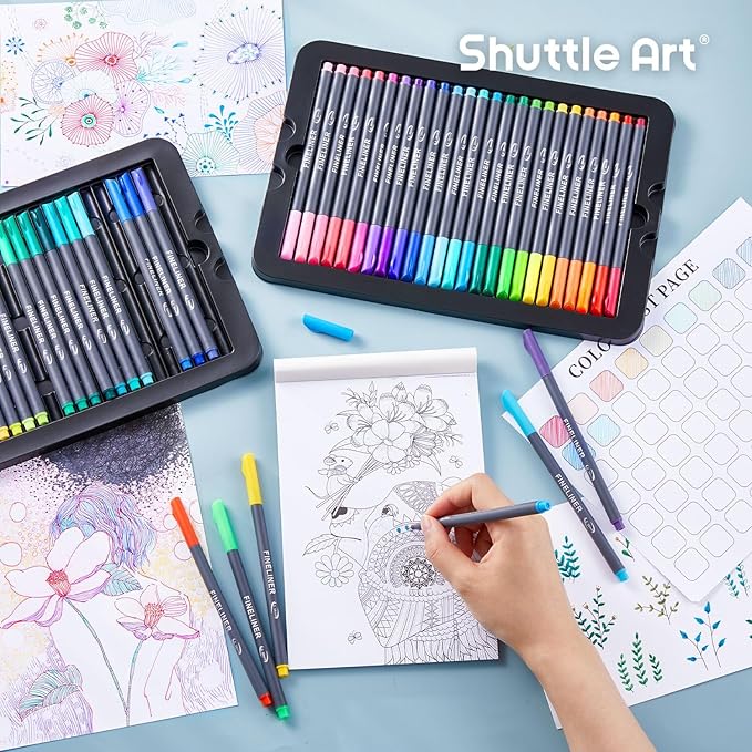 Shuttle Art Fineliner Colored Pens, 100 Colors 0.38mm Fine Point Pens with Stencils & Adult Coloring Books for Coloring, Drawing, Detailing, Writing Note Taking Calendar and Journal Art Projects