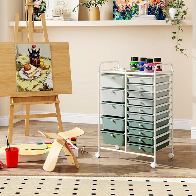 COSTWAY 15-Drawer Rolling Storage Cart, Mobile Utility Cart with Heavy-duty Frame & Lockable Wheels, Multipurpose Storage Organizer for Paper, Office, School, Green Gradient