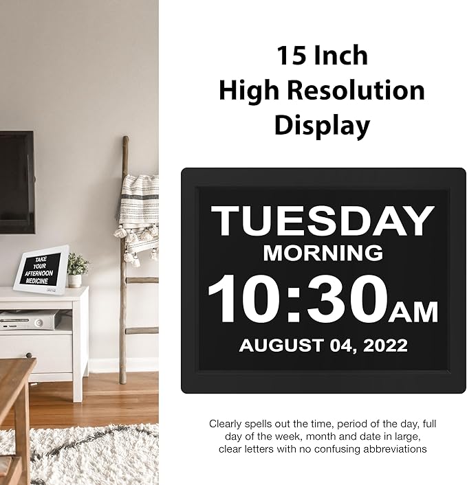 American Lifetime New 2026 Dementia Clock Large Digital Clock for Seniors, Alzeimer Clock Large Display with Custom Alarms, Clock with Day & Date for Elderly, Digital Calendar Black, 15 Inch