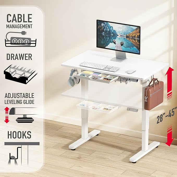 SHW 40-Inch Electric Height Adjustable Standing Desk with Drawer, Memory Preset and Cable Management Tray, White