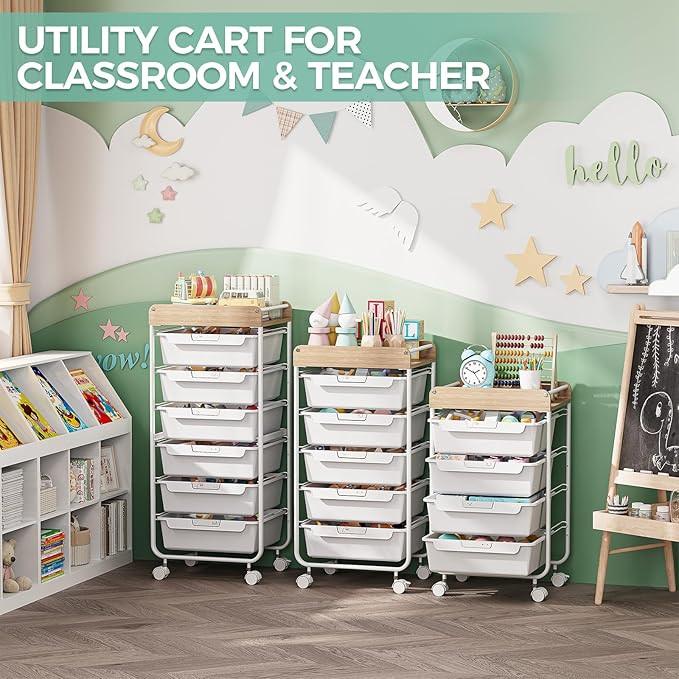 Rolling Storage Utility Cart With 5 Drawers,Craft Cart with Wheels,Makeup Organizer,Art Supply And Storage Wooden Tabletop,White