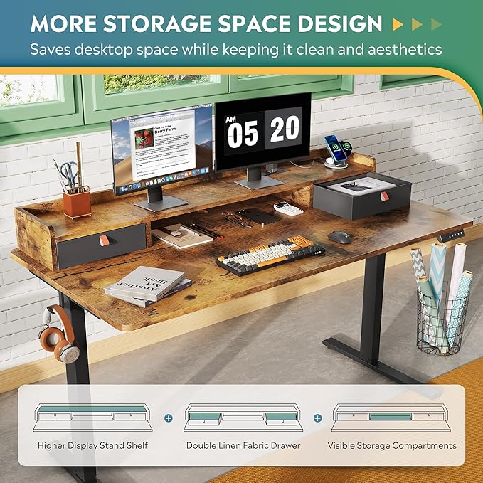 DEVAISE 55×28 Inch Electric Standing Desk with Drawers, Computer Desk with 3 Adjustable Height, Storage Shelf, Built-in USB Outlets and Memory Preset, Sit to Stand Desk for Home Office, Rustic Brown