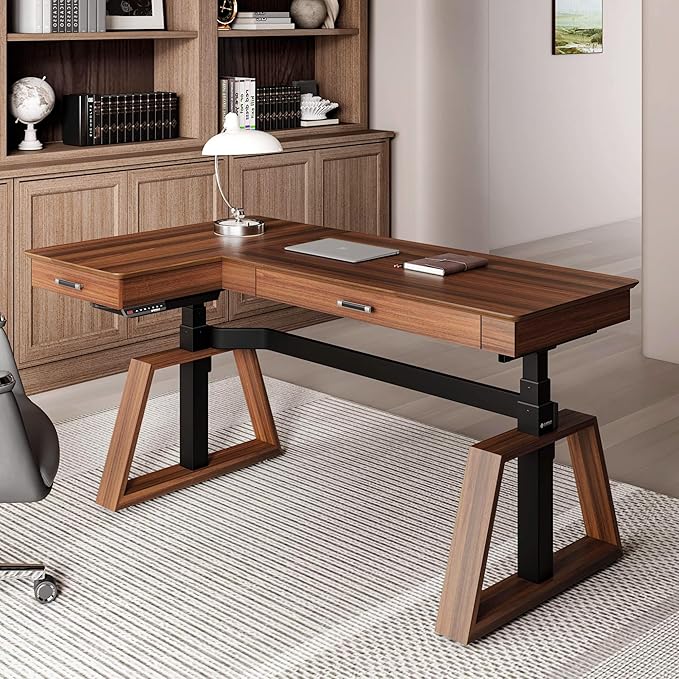EUREKA ERGONOMIC L Shaped Desk 63", Solid Walnut Wood Top, Executive Standing Desk Adjustable Height, Dual Motor Corner Workstation with Drawers & Monitor Shelf for Home Office, Left
