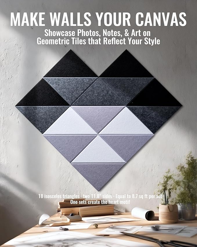 PebblingQ Felt Wall Tiles Bulletin Board, Modular Decorative Panels for Home Office, Kids Room, Classroom, DIY Geometric Design, Creative Photo Display Board, 18 Pack 11.8" Triangle Tiles(Ether)