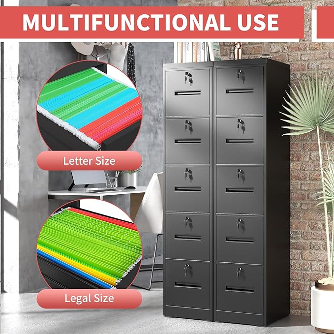 OPTYMIRA 5 Drawer Metal File Cabinet with 5 Unique Locks Black Heavy Duty Locking File Cabinets Home Office Steel Filing Cabinet Vertical File Cabinets for Legal/Letter Size File,Assembly Required