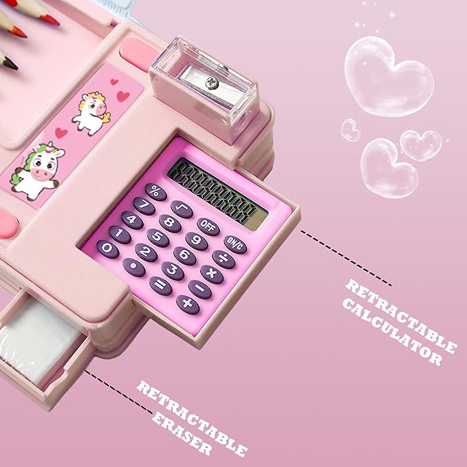 Pop Up Multifunction Pencil Case, Cute Cartoon Pen Box Organizer Stationery with Calculators, Sharpener, Schedule, School Supplies, Best Birthday Gifts for Kids