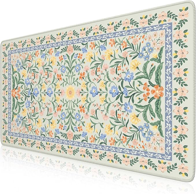 iCasso Desk Matt for Desktop, Desk Pad Mat, Green Floral Computer Mat for Keyboard and Mouse, XXL Large Mouse Pad, Anti-Slip Big Mousepad with Stitched Edges (Green)