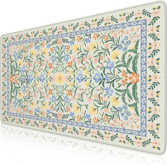 iCasso Desk Matt for Desktop, Desk Pad Mat, Green Floral Computer Mat for Keyboard and Mouse, XXL Large Mouse Pad, Anti-Slip Big Mousepad with Stitched Edges (Green)