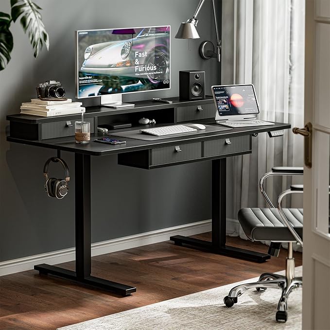 Grandder 55 x 28 inch Electric Standing Desk with 4 Drawers, Sit Stand Up Desk Adjustable Height with Storage Shelf for Home Office Ergonomic Adjustable Desk with Splice Board, Black