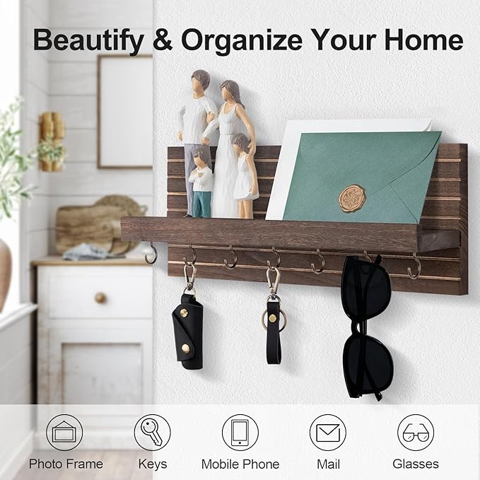 Lwenki Decorative Key Holder for Wall with Shelf, Entryway Shelf with Hooks Holds Leashes, Jackets and Glasses – Sturdy Wood Keyholder Entrance Hanger with Mounting Hardware (Brown, Large)