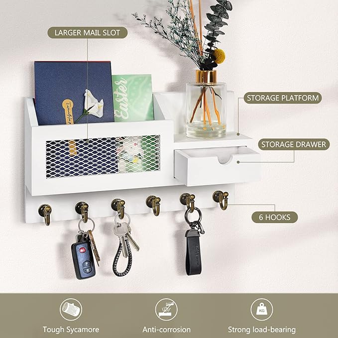 FifthQuarter Key and Mail Holder for Wall, Mail Organizer Wall Mount with 6 Hooks and Storage Drawer, Easy Installation Key Rack for Entryway and Home Decor (B-White)