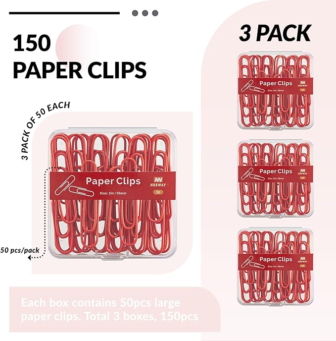 NEEWAY Colorful Large Paper Clips, 2 Inch Jumbo Paper Clips, 150 Count, 3 Pack of 50 (Red)