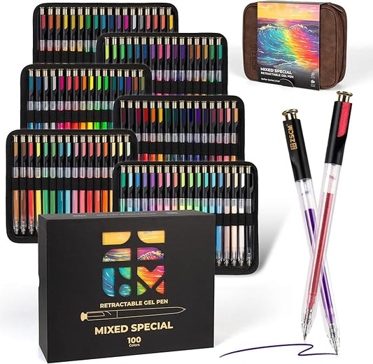 ZSCM Retractable Gel Pen For Adult Coloring, 100 Colors Large Capacity Multicolor Gel Ink Pens, 1 mm Fine Point Smooth Writing Color Pen for Adult Coloring Book Note Taking Aesthetic Art Supplies