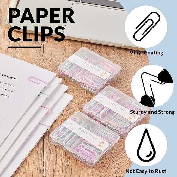 NEEWAY Colorful Paper Clips Assorted Sizes, Small and Large Paperclips, 210 Count, 3 Pack of 70 (Light Multicolor)
