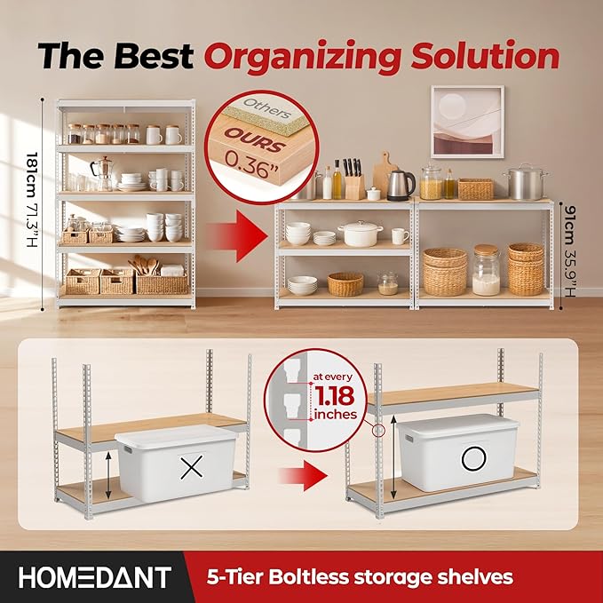 HOMEDANT 47.7" W 5 Tier Heavy Duty Garage Shelving Adjustable Metal Rack Storage Shelves Standing Shelf Unit Organizers Industrial Warehouse Basement Black 1Pack