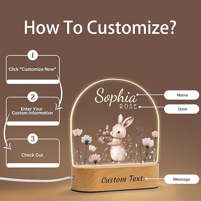7GEEFT Personalized Baby Gifts for Kids, Custom Animal Acrylic Plaque Sign Name Night Light, Birthday Newborn Baby Shower Gifts for Boys Girls, Children Nursery Room Bedroom Decor, Flower and Rabbit