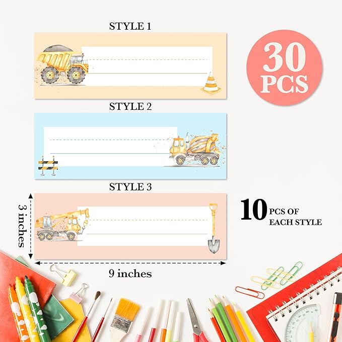 Name Tags for Desks, Construction Truck Theme Students Name Plates, Locker Name Labels for School, Back to School Classroom Decor, 30 Pack (05)