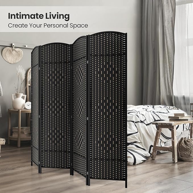 Cocosica 4 Panel Room Divider,6Ft Folding Privacy Screen,Tall - Extra Wide Foldable Panel Partition Wall Divider with Diamond Double-Weaved Hand-Woven Design Room Screen Divider（Black）