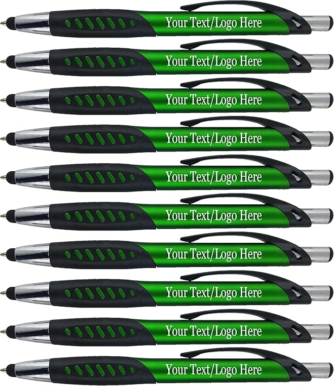Personalized Pens With Custom Logo or Text-350 Pack Bulk-for Businesses, Parties, and Events, 2 in 1 Ballpoint Pen & Capacitive Stylus for Touchscreen Devices, Click Action, Black Ink, Green