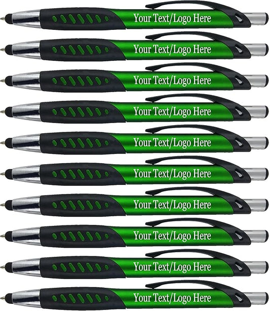 Personalized Pens With Custom Logo or Text-350 Pack Bulk-for Businesses, Parties, and Events, 2 in 1 Ballpoint Pen & Capacitive Stylus for Touchscreen Devices, Click Action, Black Ink, Green