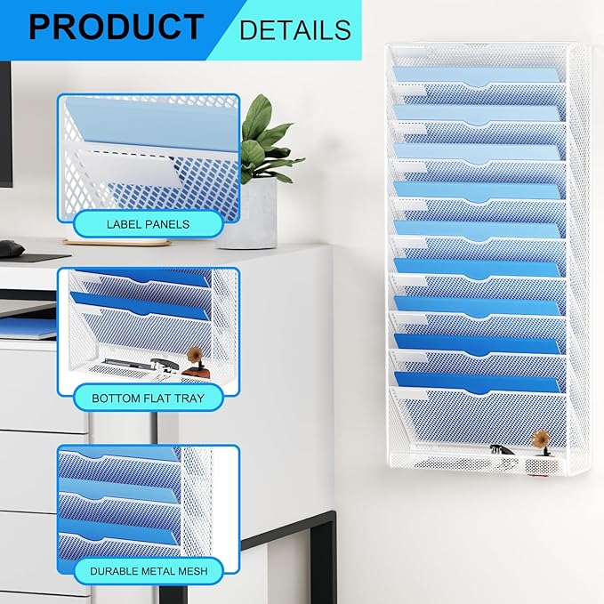 GDINDINFAN Hanging Wall File Organizer 10 Tier Wall Mounted File Holder Document Wall Organizer Magazine Organization for Office Home, White