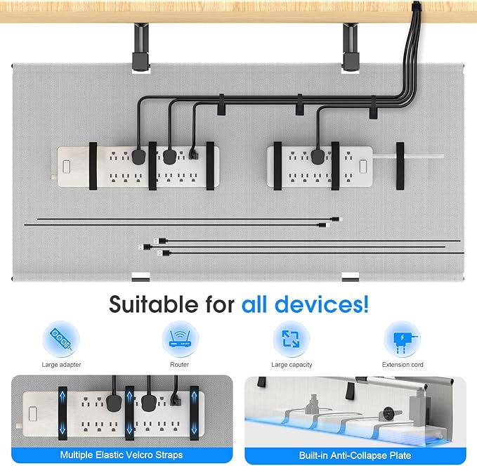 KIGJU Under Desk Cable Management Tray, 40-inch No-Drill Cord Organizer with Anti-Sag Reinforced Base, Fabric Wire Management Hider for Standing Desk, Office & Gaming Accessories - Grey
