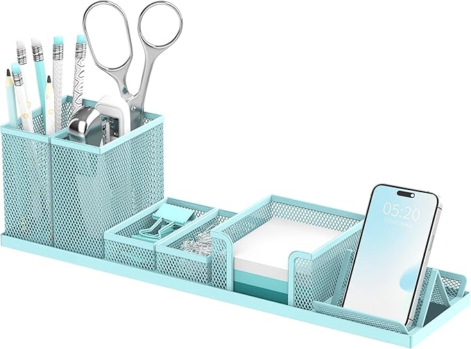 SUPEASY Pen Holder for Desk, 6 Piece Mesh Desk Organizer set for Office Organization with Mail Organizer, Letter Phone Holder, Sticky Notes Caddy Storage, Blue