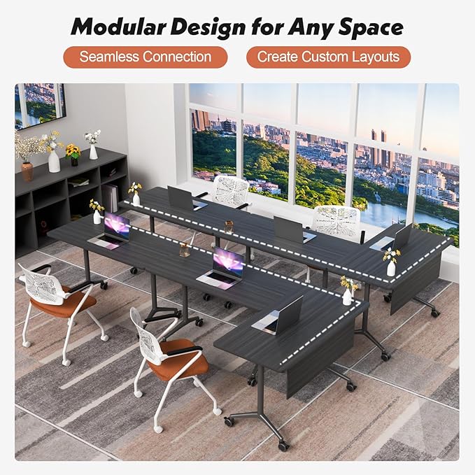 Goakwwuz Conference Room Table, Folding Conference Tables,Thicken Grey Tabletop,Flip Top Wooden Seminar Meeting Room Table for Conference Room Offices (10, BlackWoodGrain, 70.8”)