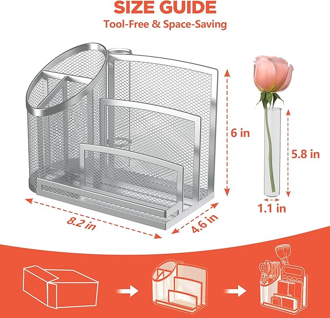 OrgMate 3 Compartment Pen Holder with Vertical Mail Organizer and Flower Tube, Metal Mesh Desk Organizer Modern Decor Aesthetic-Paper Letter Sorter Ideal for Pencil,Envelope and File(Silver)
