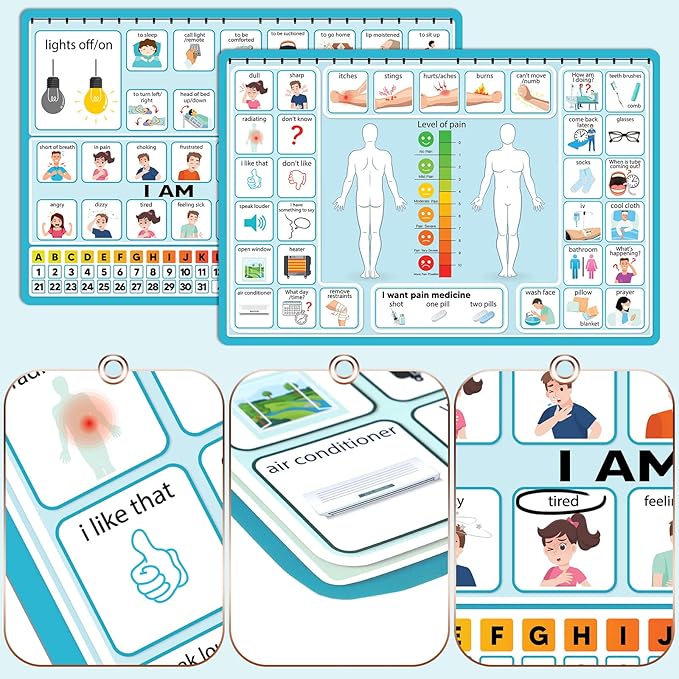 6 Pcs Communication Board for Nonverbal Adults Aphasia Colorful Picture Symbol Communication Cards for Patients Children(Blue)