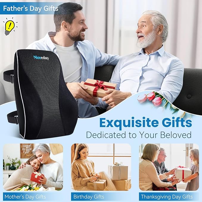 Niceeday Lumbar Support Pillow for Office Chair Car Back Support Pillow, Memory Foam Gaming Chair Desk Chair Back Cushion for Lower Back Pain Relief, Ergonomic Back Rest,Stocking Stuffers