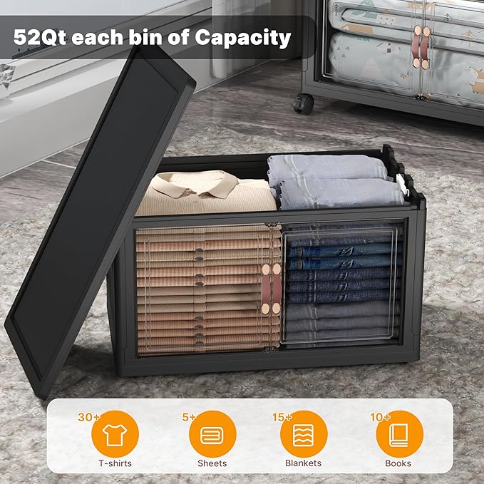 UAMFURI Extra Large Stackable Storage Bins with Lids & Wheels & Door, 312QT-52QT/13GAL*6Pack Foldable Collapsible Closet Organizers, Plastic containers drawers for bedroom Dorm