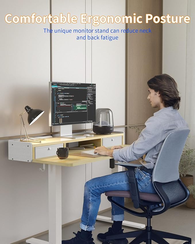 YIHAYO Electric Standing Desk with Drawers, 40 x 24 Inches Adjustable Desk with Storage Shelf, Stand Up Desk with Splice Board, Computer Table for Home Office, White Frame/Natural Top