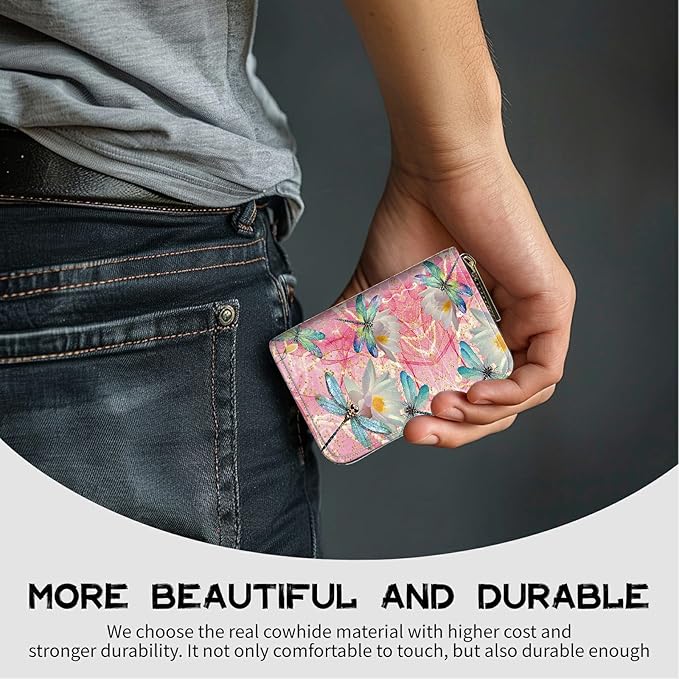 BWEGRHE Cute Credit Card Holder with Zipper, Pink Dragonfly RFID-Blocking Card Case Small Wallet for Women Men, Multi-slot Card Organizer Case Travel Accordion Wallet