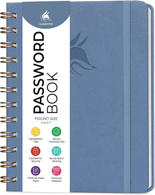 Clever Fox Password Book Spiral – Mini Internet Address & Password Organizer with Laminated Alphabetical Tabs – Small Password Keeper Journal – Hardcover, Pocket Size, 4.7x5.7” (Smoke Blue)