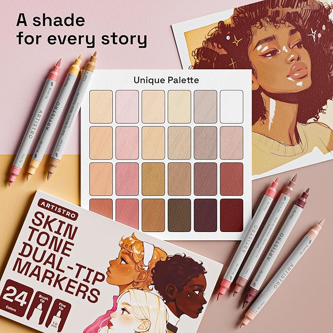 ARTISTRO 24 Skin Tone Acrylic Paint Markers - Paint Pens Dual Tip Brush + Fine Ideal for Calligraphy - Perfect for Fabric, Rock, Glass, Wood, DIY - Art Supplies, Stocking Stuffers, Christmas Gift Idea